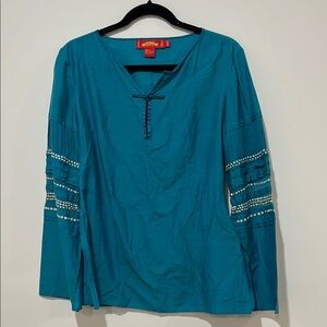 Shanghai Tang Blue Long Sleeve Blouse with Embellished Sleeves